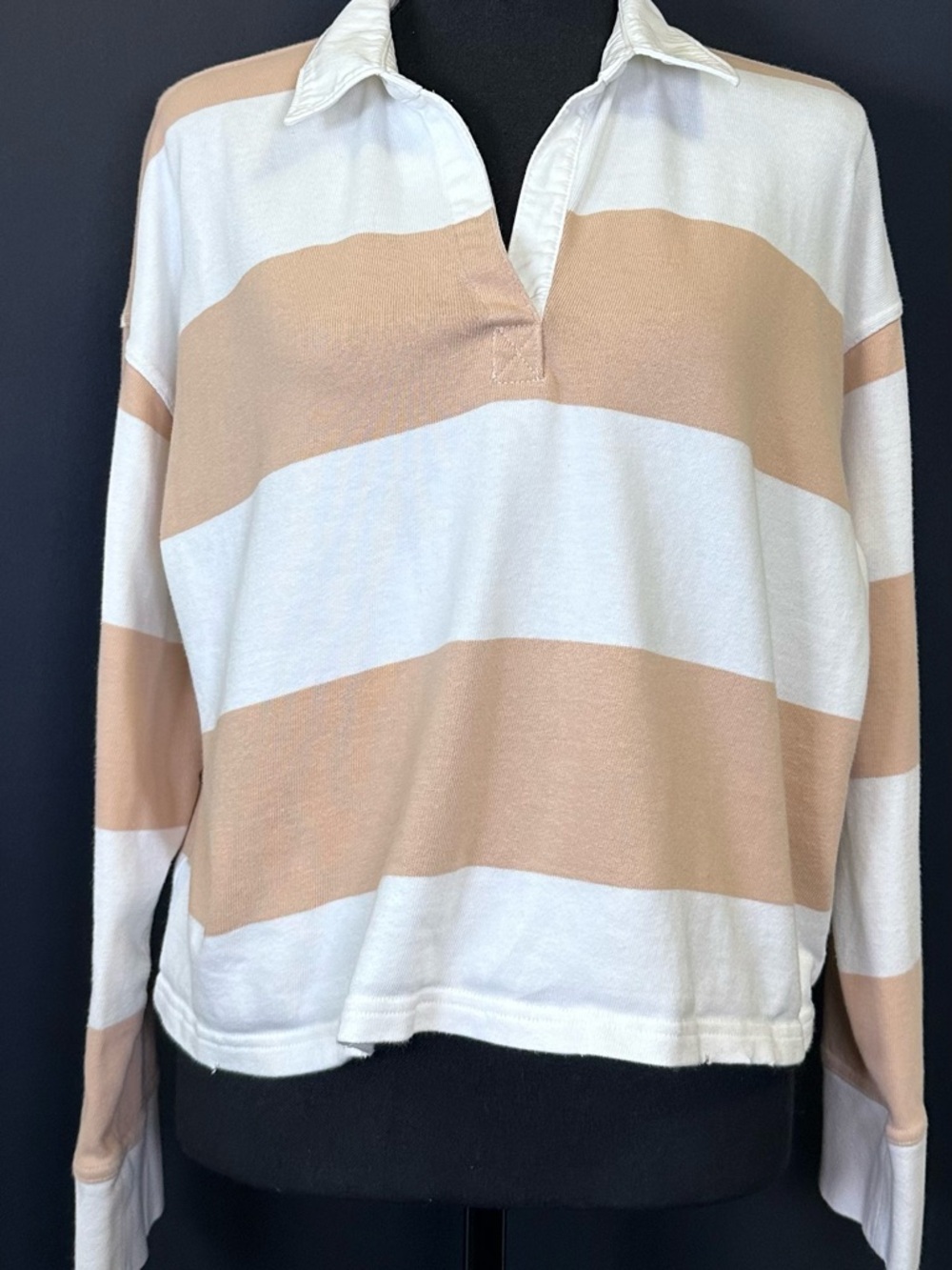 #200- aerie Striped Rugby Polo in Beige and White - Picture 3 of 14